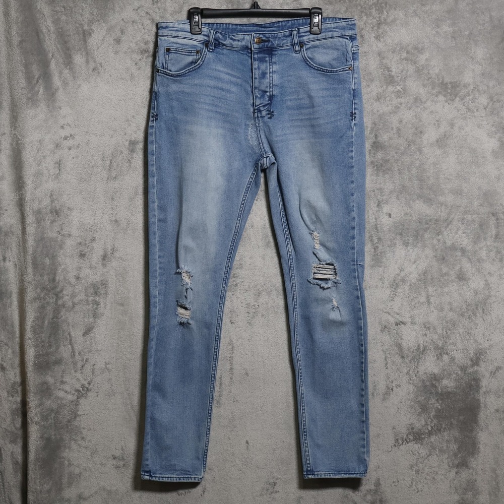 ksubi Jeans Mens 36x32 Blue Light Wash Skinny Slim Distressed Stretch Whiskering